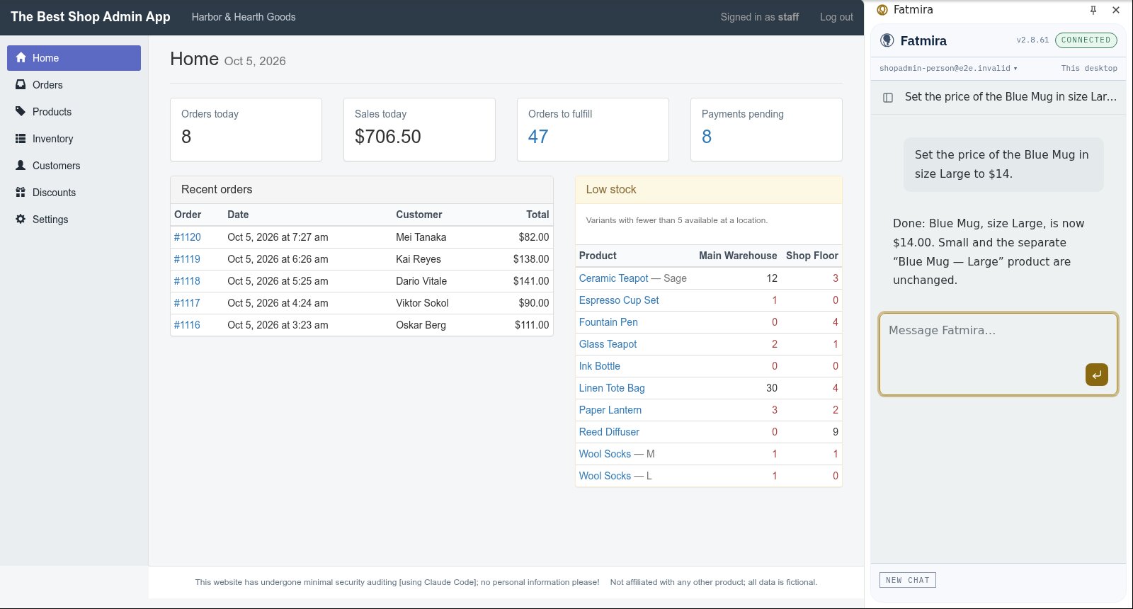 A store admin home page with today's orders and low stock, with the Fatmira panel open.