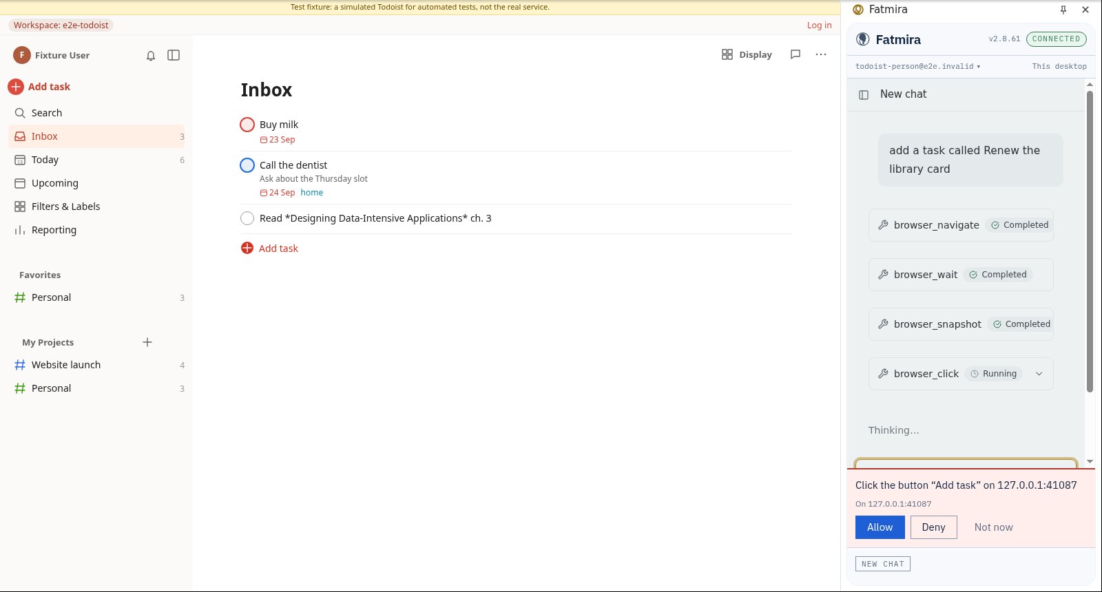 The Fatmira panel asks before pressing Enter on Task name, noting the extension cannot tell what this does.