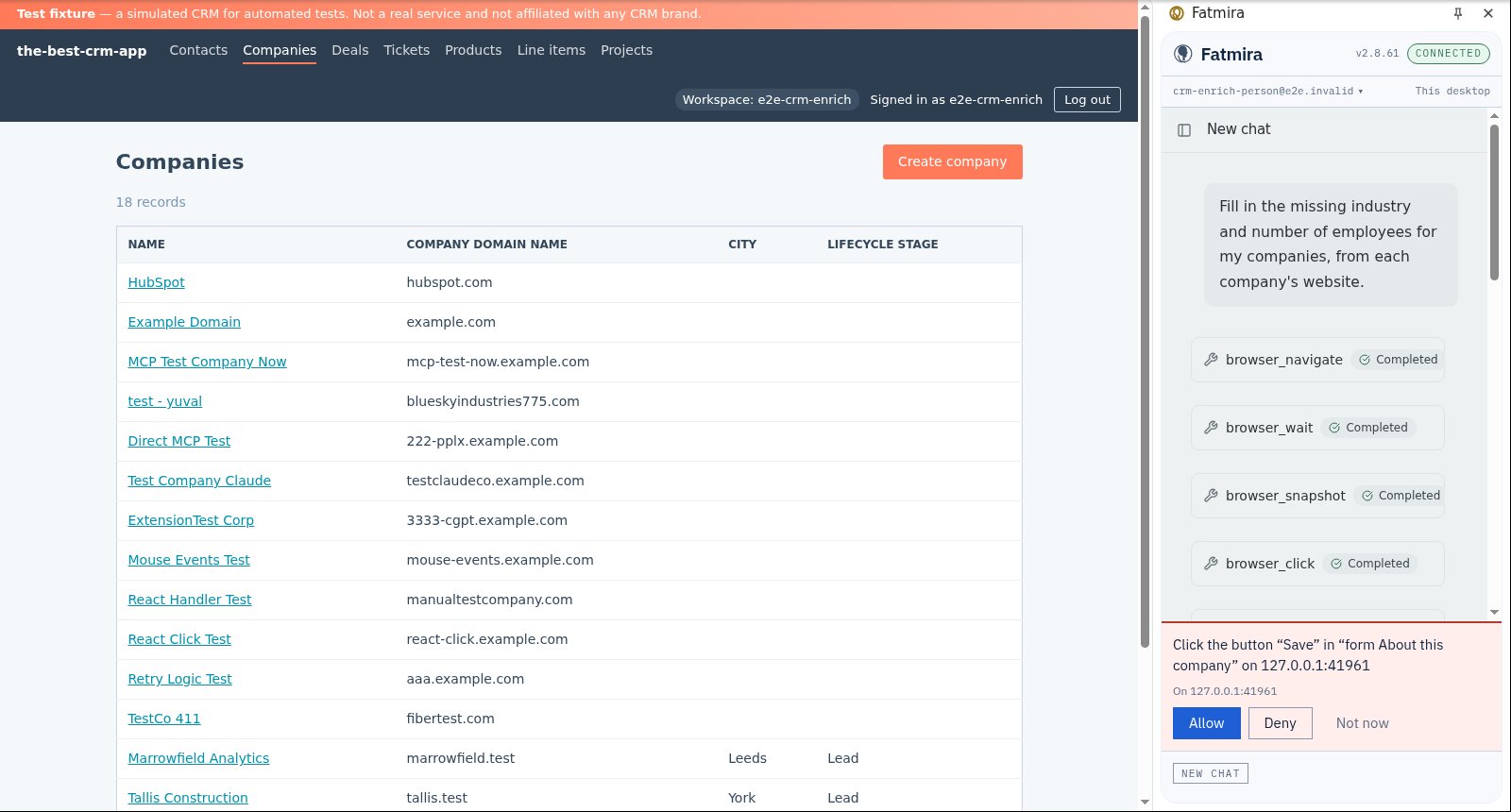 The Fatmira panel shows an approval card: Click the button Save in form About this company.