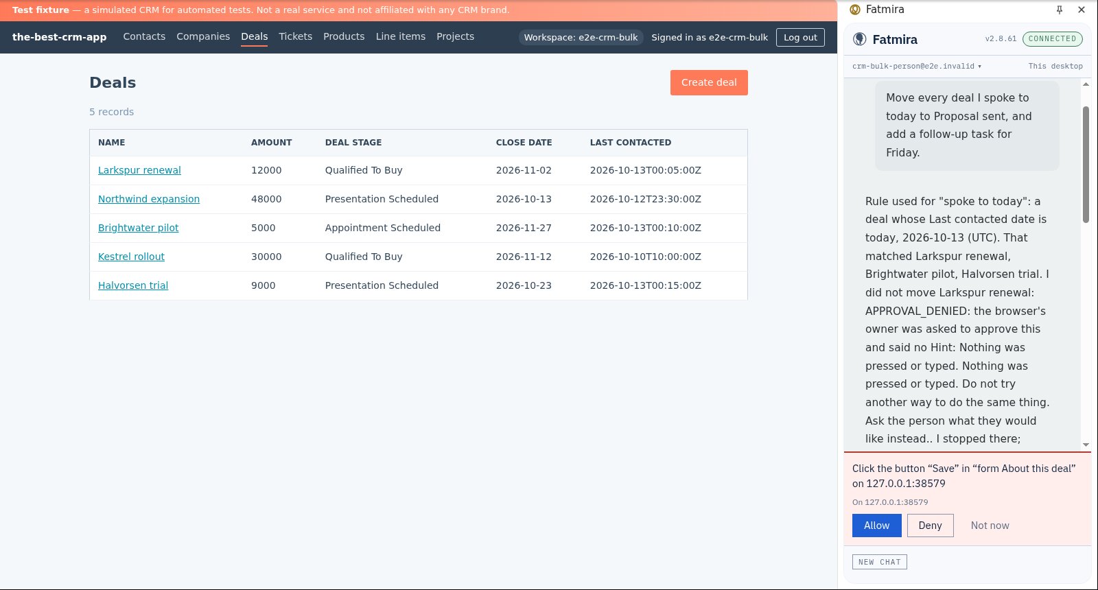 The Fatmira panel shows an approval card: Click the button Save in form About this deal, with Allow and Deny.