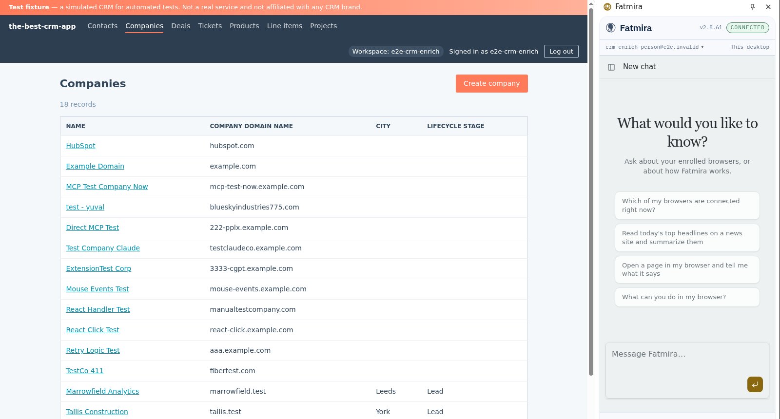 A CRM companies list where several companies have empty fields, with the Fatmira panel open.