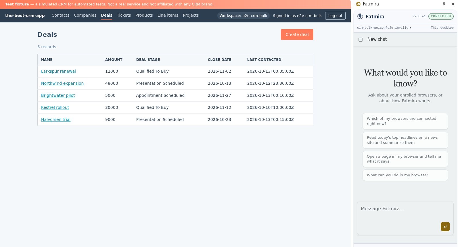 A CRM deals list with five deals and their Last contacted dates, with the Fatmira side panel open.