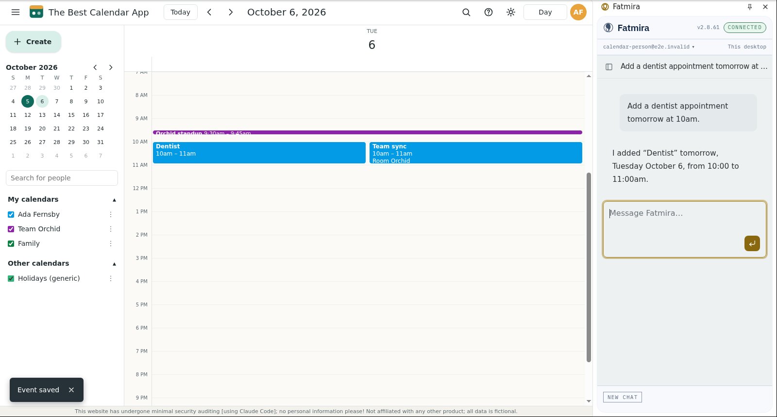 The calendar day view for Tuesday October 6 showing Dentist 10 to 11am, and the panel: I added Dentist tomorrow, Tuesday October 6, from 10:00 to 11:00am.