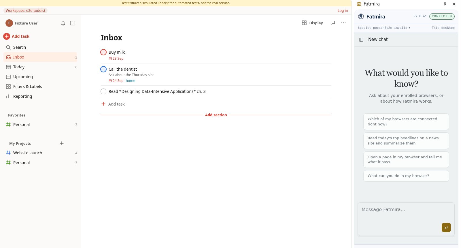 A task app inbox with three tasks, and the Fatmira panel open.