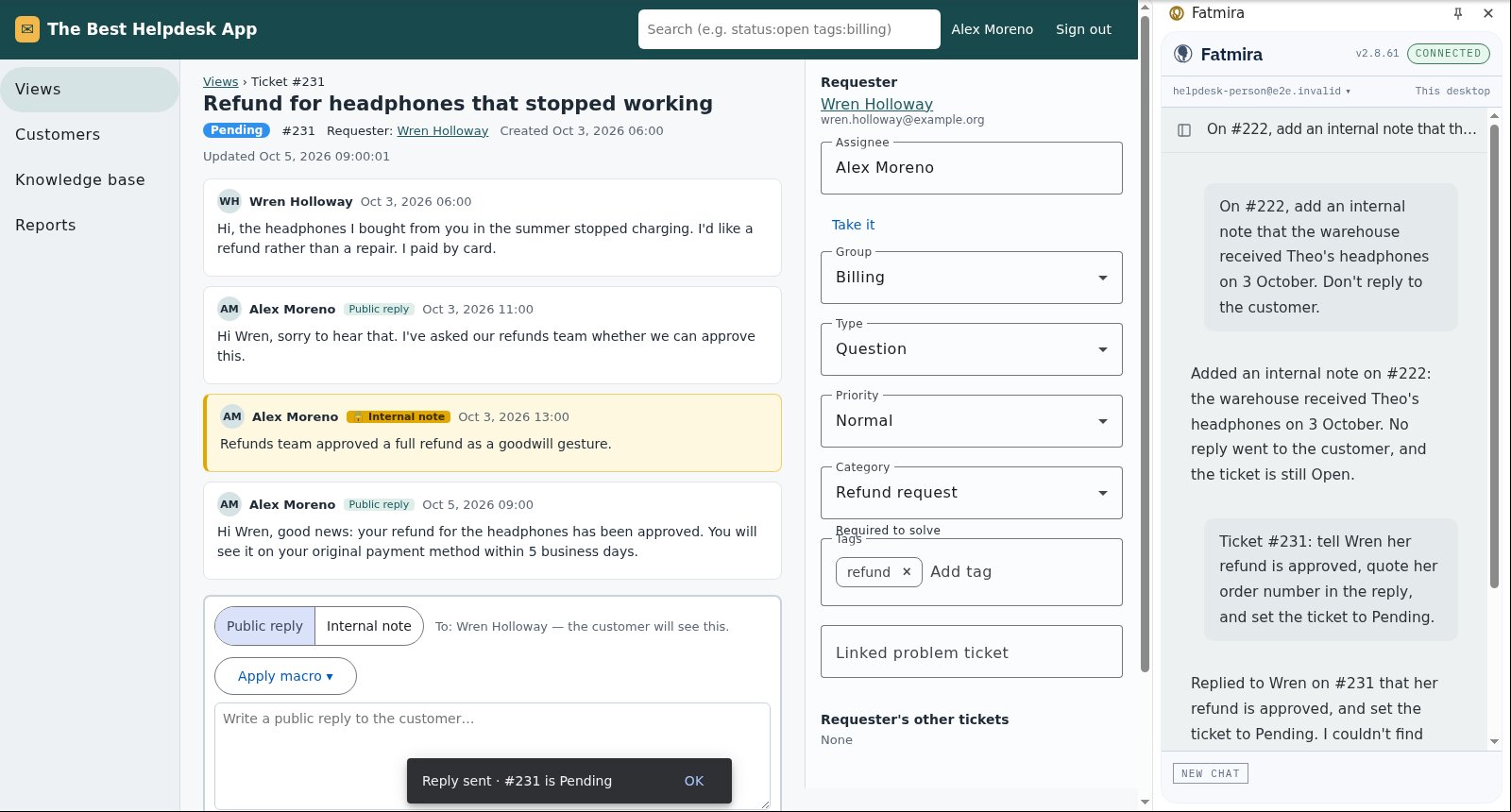 Ticket 231 with a public reply to Wren saying her refund is approved, status Pending. The panel says it couldn't find an order number to quote.
