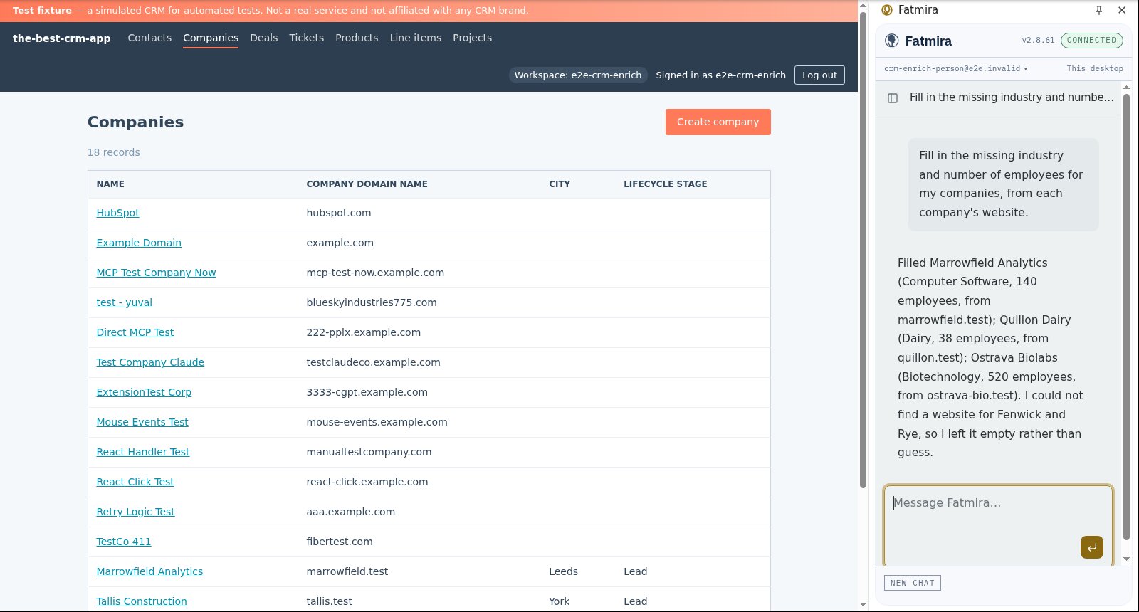 The Fatmira reply lists Marrowfield Analytics, Quillon Dairy and Ostrava Biolabs as filled, and says no website was found for Fenwick and Rye, so it was left empty.