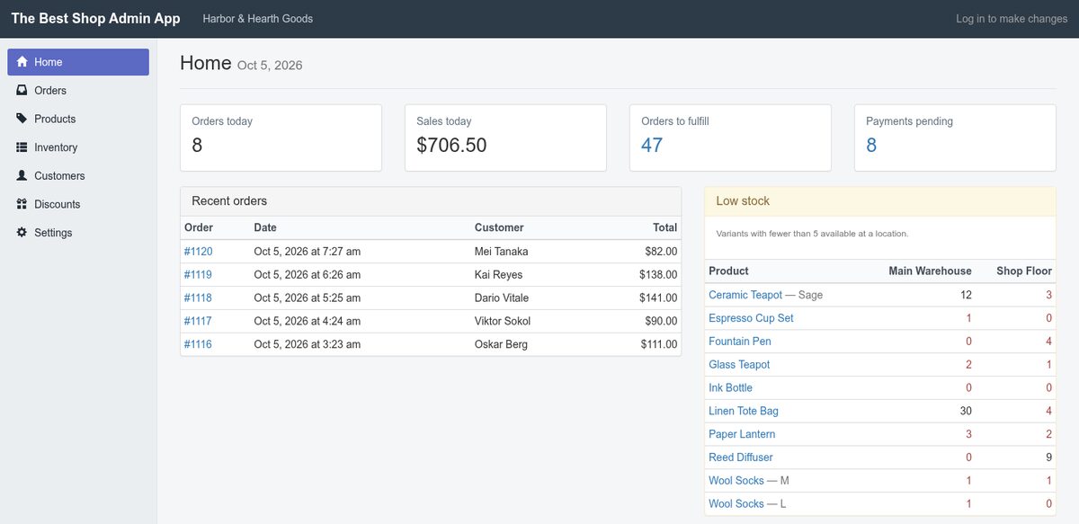 The shop admin replica: the home dashboard with recent orders and low stock
