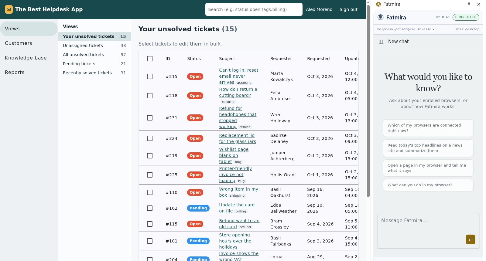 A help desk queue of unsolved tickets with the Fatmira panel open.