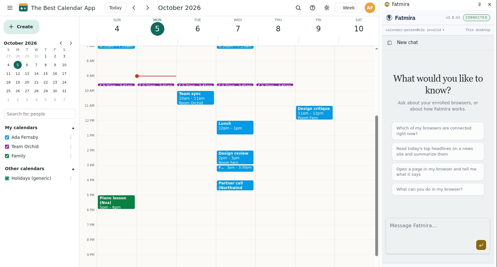 A week view in a calendar app with several events, and the Fatmira panel open.